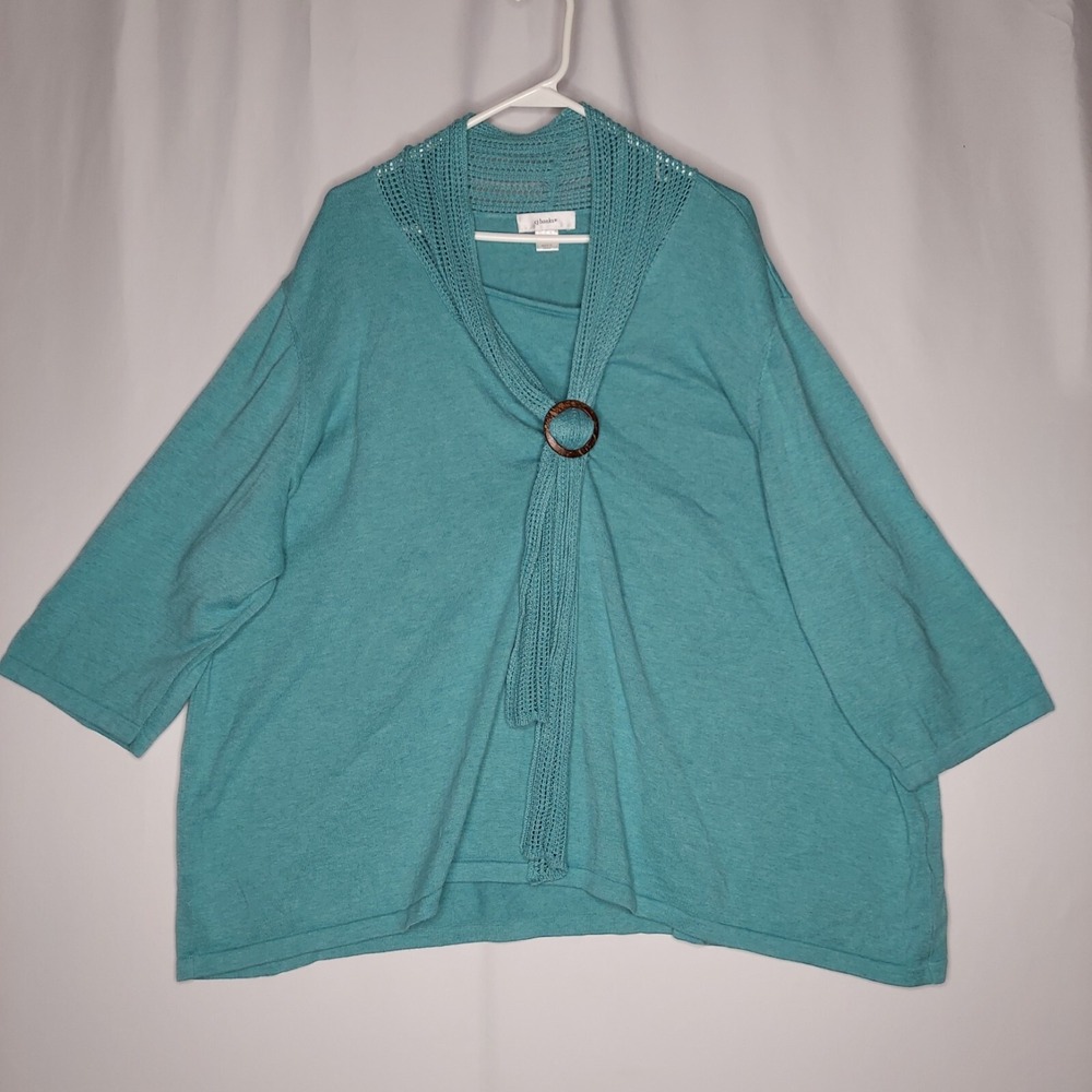 CJ‎ Banks Sweater Women 5X Tie Front Crochet Shawl Collar Blue-Green Knit 3/4